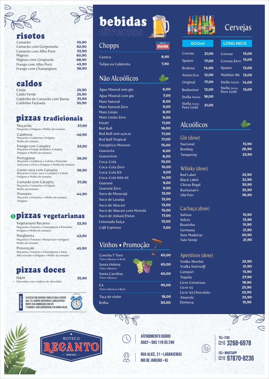 Cardápio do Boteco Recanto, página 2: risotos, caldos, pizzas tradicionais, vegetarianas e doces, chopps, cervejas, não alcoólicos, vinhos e drinks, com preços