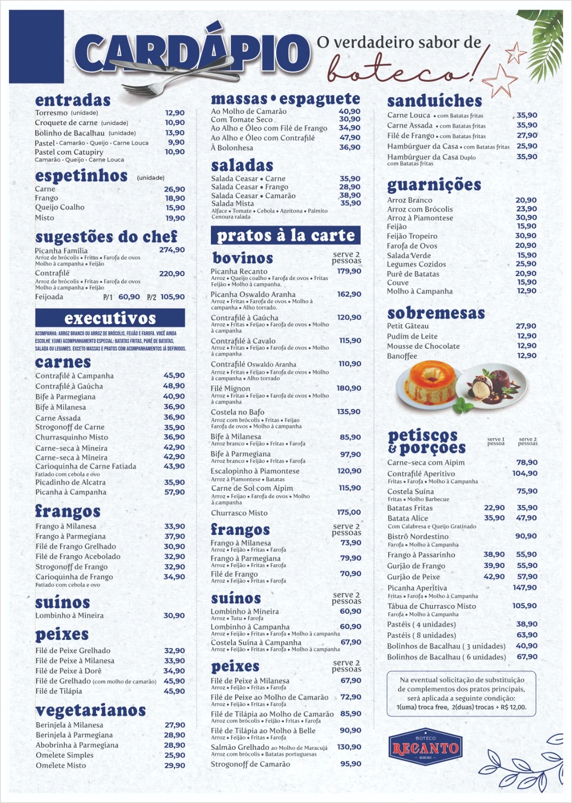Cardápio do Boteco Recanto, página 1: entradas, espetinhos, sugestões do chef, executivos, massas, saladas, pratos à la carte, sanduíches, guarnições, sobremesas, petiscos e porções, com preços