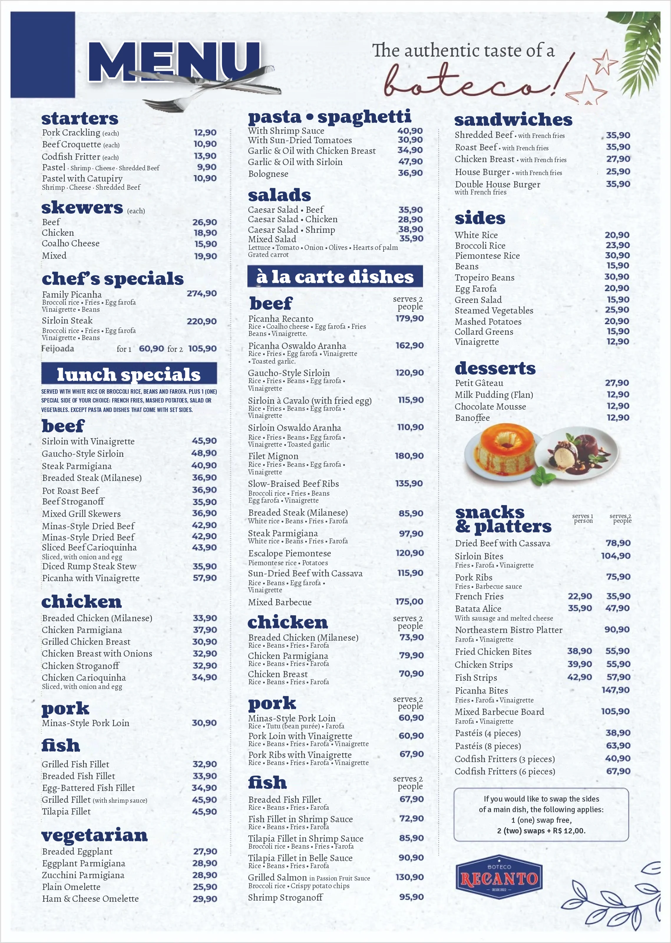 Boteco Recanto menu in English, page 1: starters, skewers, chef's specials, lunch specials, pasta, salads, à la carte dishes, sandwiches, sides, desserts, snacks and platters, with prices