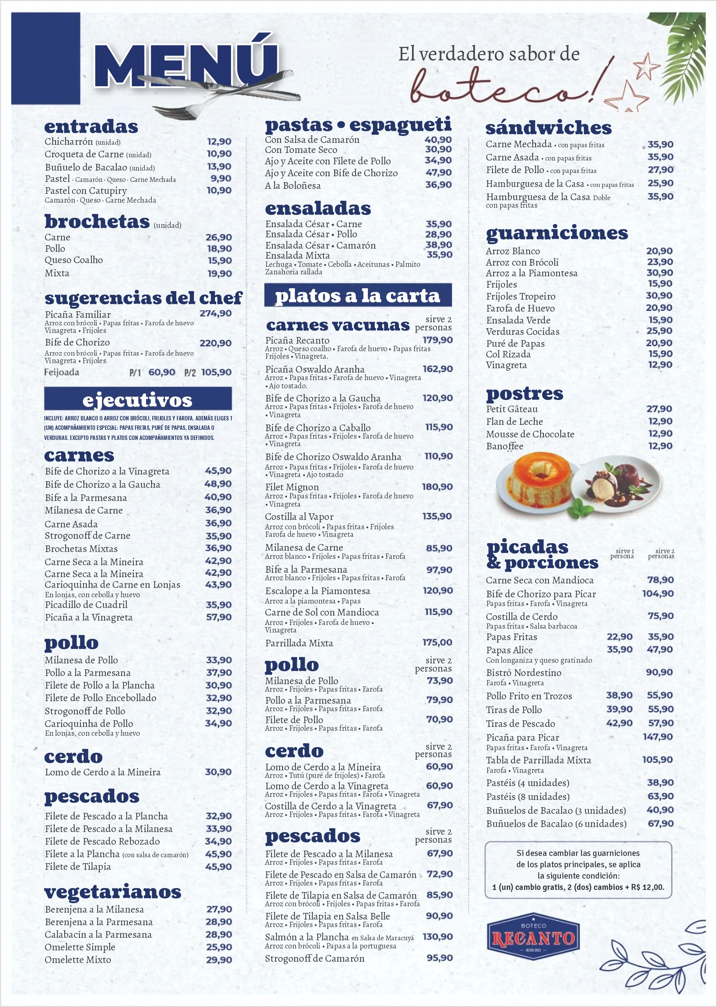Menú de Boteco Recanto en español, página 1: entradas, brochetas, sugerencias del chef, ejecutivos, pastas, ensaladas, platos a la carta, sándwiches, guarniciones, postres, picadas y porciones, con precios